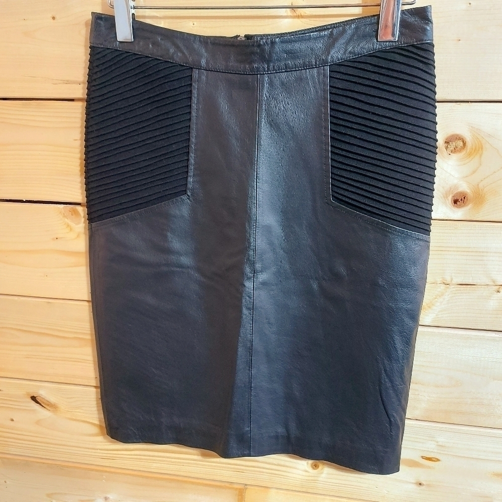 CENTRE VILLE Paris genuine black leather bodycon pencil skirt